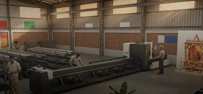 Dedicated multi-chuck tube laser cutting machine processing structural pipes.