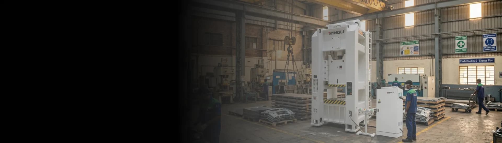 High-volume Yangli mechanical power press line installed in an Indian automotive Tier-1 facility by GMT Engineers.