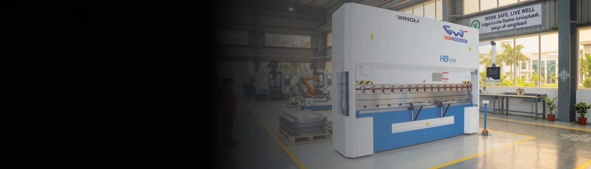 Yangli HB Series Hybrid CNC Press Brake machine in a precision metal fabrication workshop.