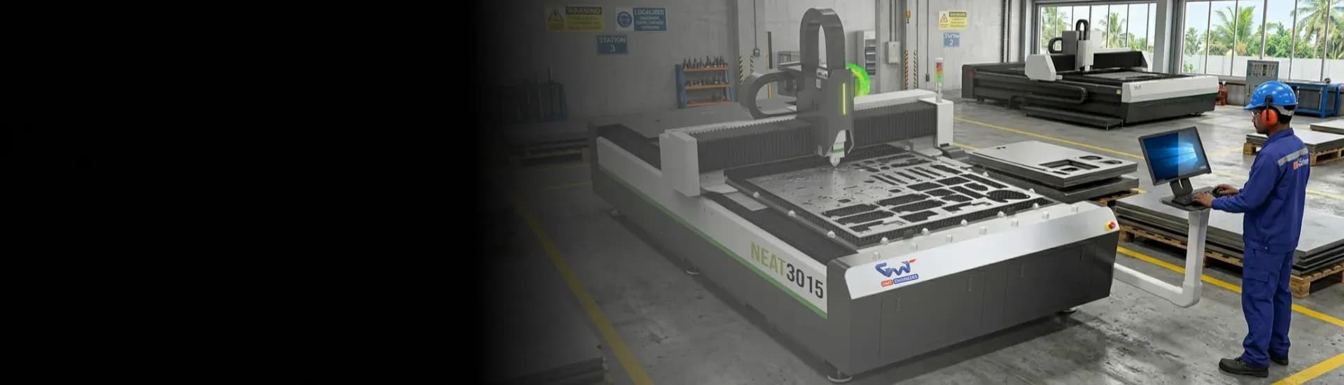 GMT Engineers high-power sheet metal fiber laser cutting machine operating in a modern South Indian job shop.