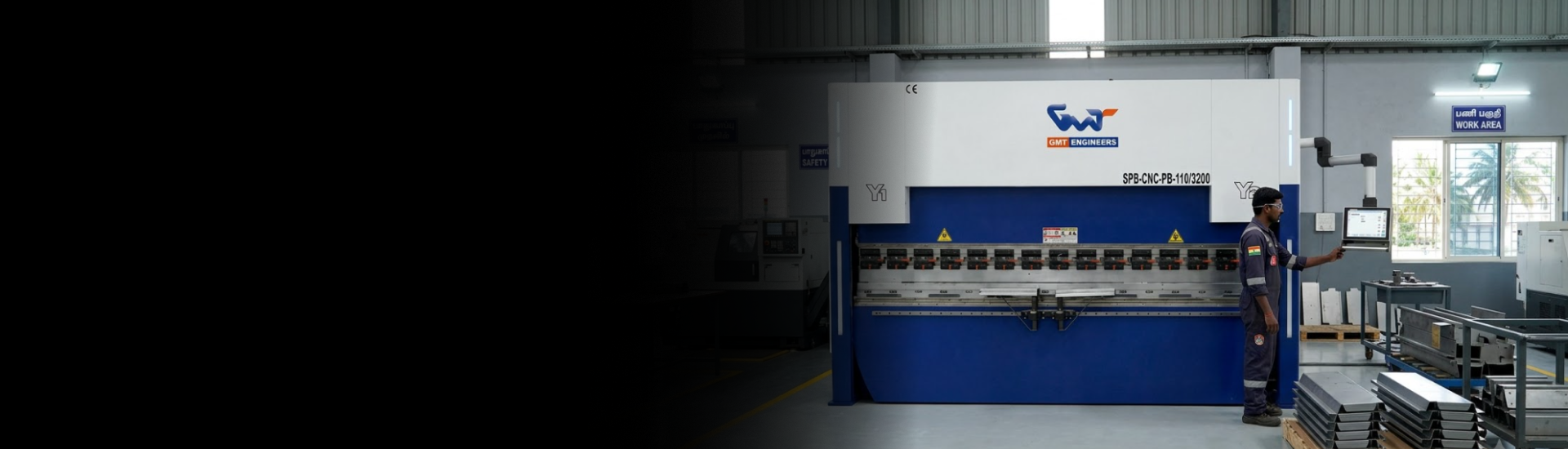 GMT Engineers SPB Series Servo Controlled CNC Press Brake model 110/3200 for high-precision sheet metal fabrication.